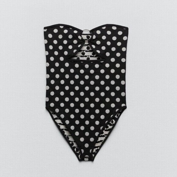 NWOT Zara black & white polka dot print ribbed bodysuit w/ ring accent & cut out - Picture 6 of 12